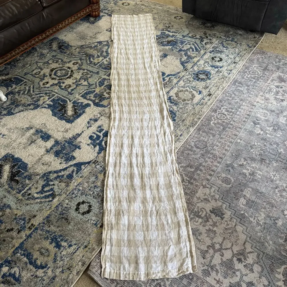 Tan White Check Linen Table Runner 17x100 inches Cottage Core Farmhouse Country